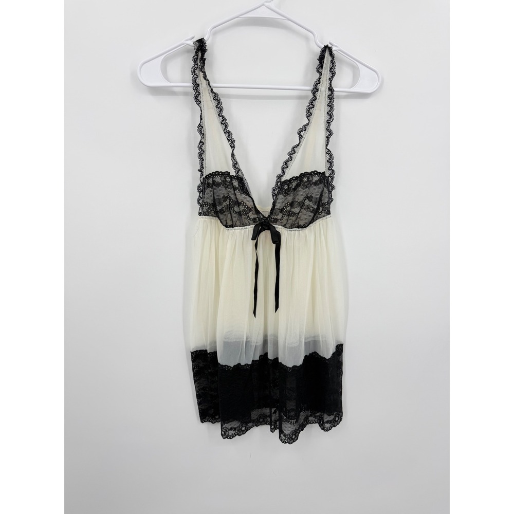 NWT Victoria's Secret Babydoll Chemise Women M Medium Ivory‎ Black Lace Mesh
